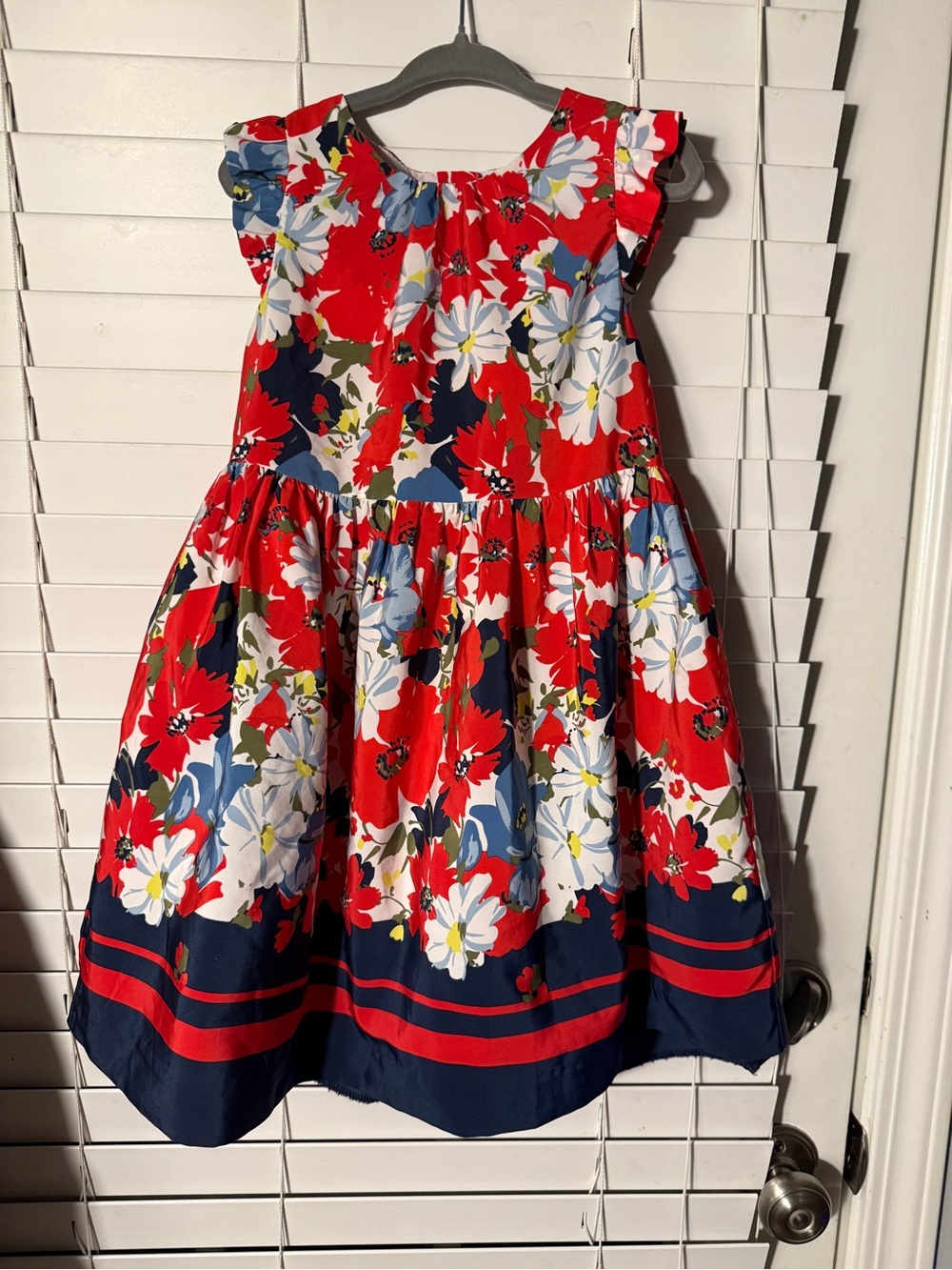 Janie and Jack Red Floral Ruffle-Sleeve Party Dress with Navy Accents